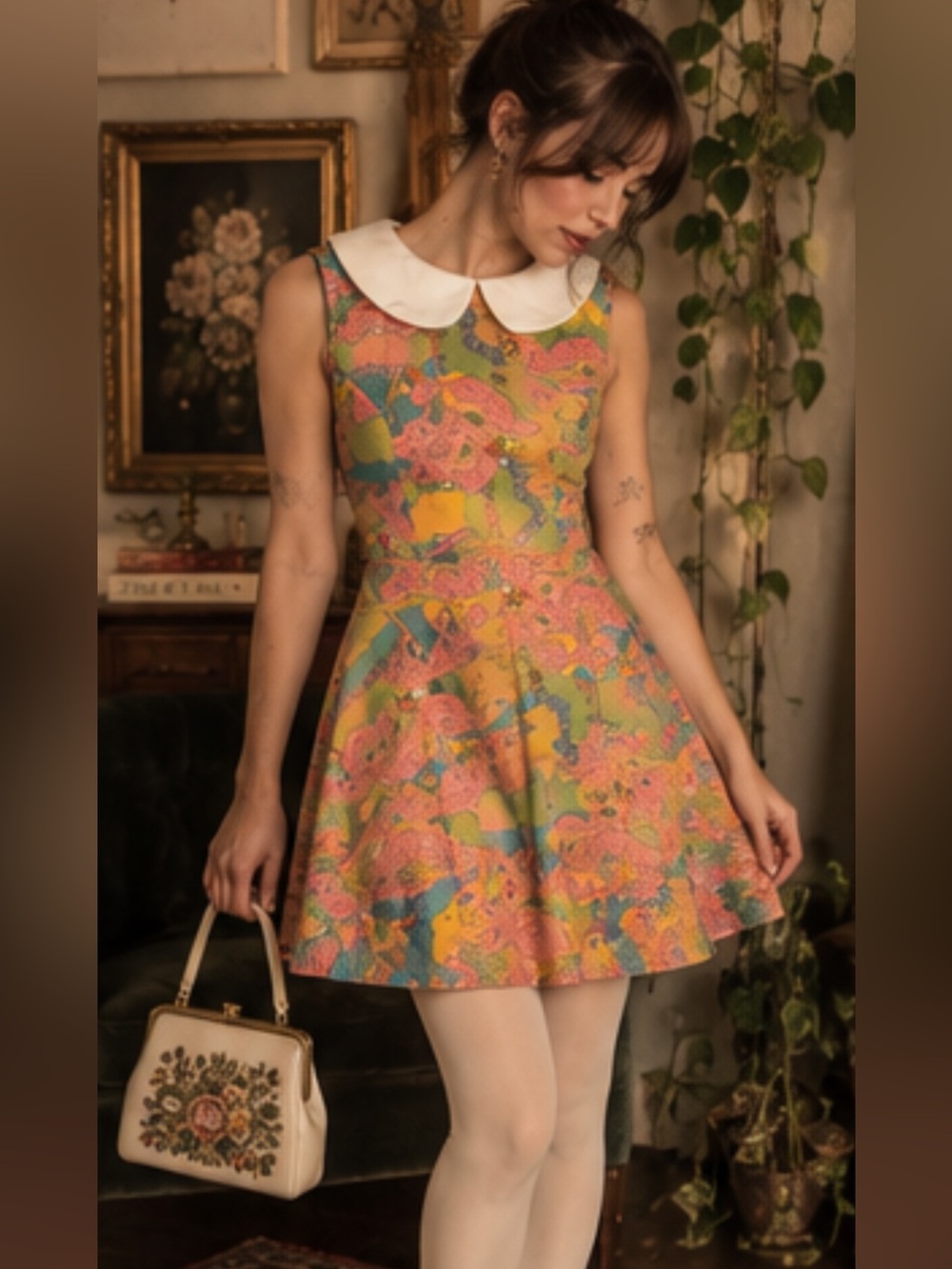 Vintage-Inspired RARE Psychedelic Frog & Flower Print Fit & Flare Mini Dress 🐸🌺